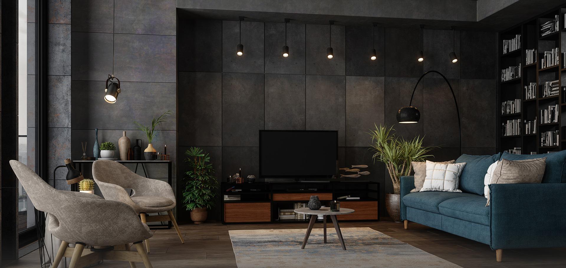 #2 Pokój dzienny przeplatający styl art deco z industrialnym