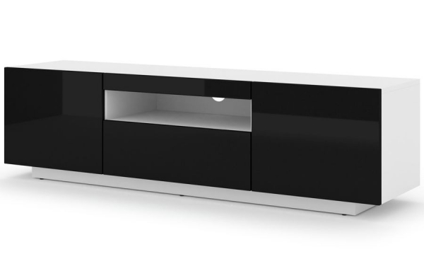 Szafka RTV stojąca AURA w kolorze białym, czarny połysk, bez LED