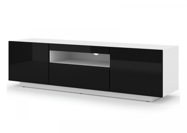 Szafka RTV stojąca AURA 150 w kolorze białym, czarny połysk, bez LED