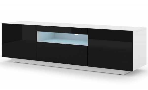 Szafka RTV stojąca AURA w kolorze białym, czarny połysk, LED