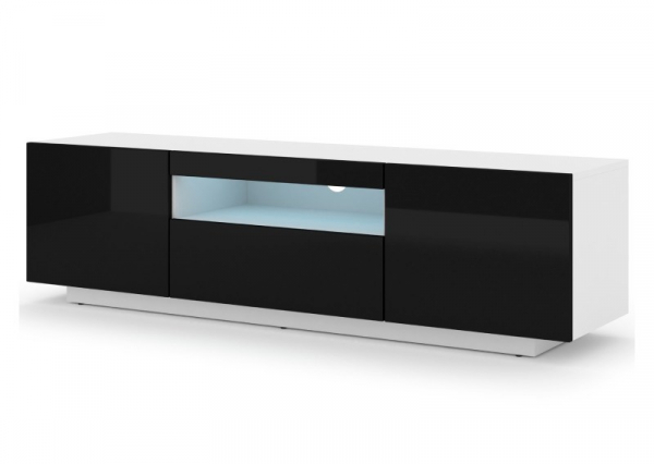 Szafka RTV stojąca AURA 150 w kolorze białym, czarny połysk, LED