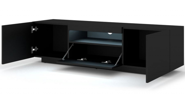 Szafka RTV stojąca AURA w kolorze czarny mat, LED - otwarta