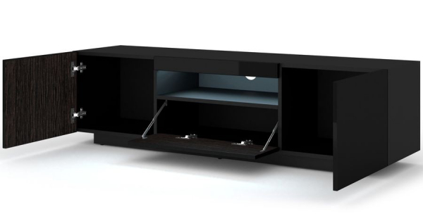 Szafka RTV stojąca AURA w kolorze czarny połysk, LED - otwarta