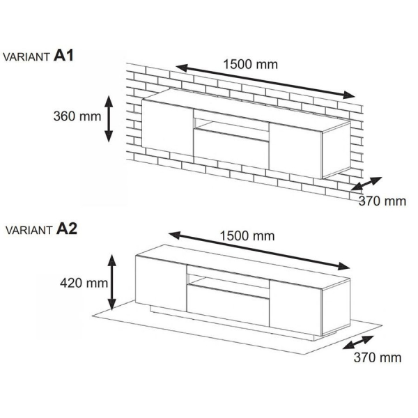 Szafka RTV wisząca AURA 150 w biały połysk, LED - wymiary