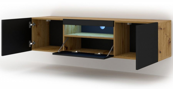 Szafka RTV wisząca AURA w kolorze artisan, czarny mat, LED - otwarta