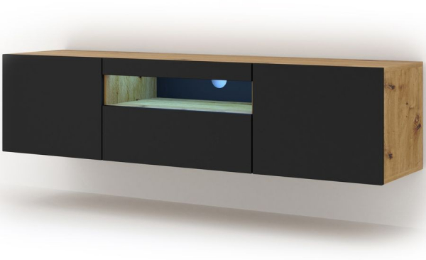 Szafka RTV wisząca AURA w kolorze artisan, czarny mat, LED
