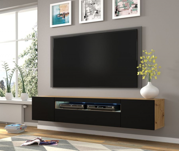 Szafka RTV wisząca AURA w kolorze artisan, czarny mat, LED - wizualizacja