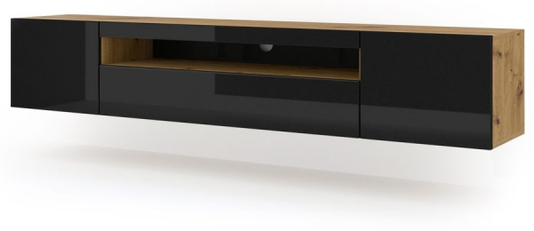 Szafka RTV wisząca AURA w kolorze artisan, czarny połysk, bez LED