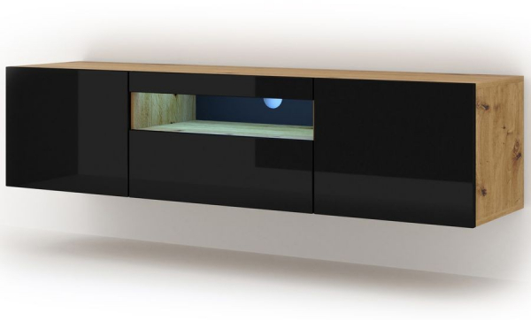 Szafka RTV wisząca AURA w kolorze artisan, czarny połysk, LED