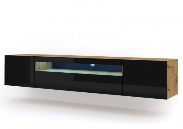 Szafka RTV wisząca AURA 200 w kolorze artisan, czarny połysk, LED