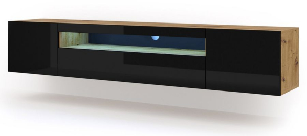 Szafka RTV wisząca AURA w kolorze artisan, czarny połysk, LED