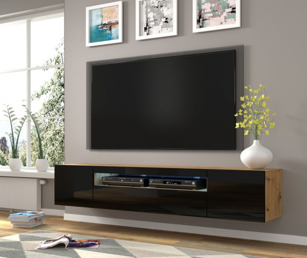 Szafka RTV wisząca AURA w kolorze artisan, czarny połysk, LED - wizualizacja