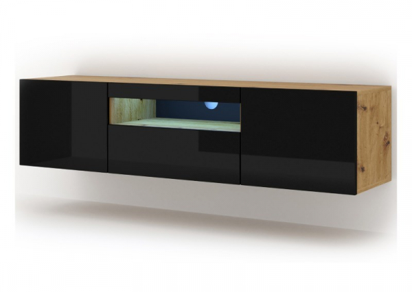 Szafka RTV wisząca AURA 150 w kolorze artisan, czarny połysk, LED