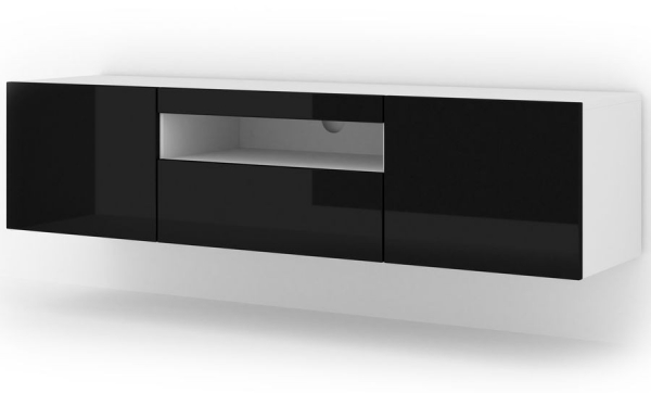 Szafka RTV wisząca AURA w kolorze białym, czarny połysk, bez LED