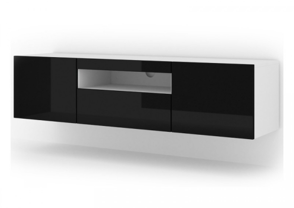 Szafka RTV wisząca AURA 150 w kolorze białym, czarny połysk, bez LED