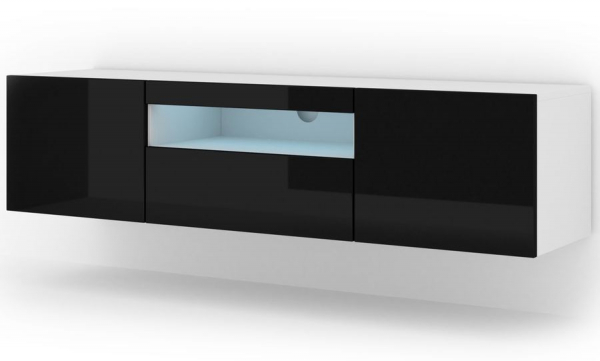 Szafka RTV wisząca AURA w kolorze białym, czarny połysk, LED
