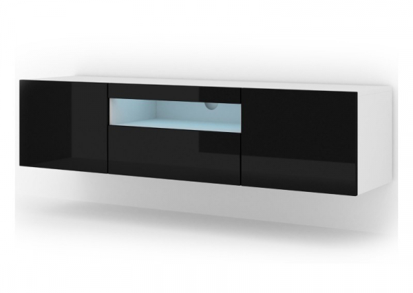 Szafka RTV wisząca AURA 150 w kolorze białym, czarny połysk, LED