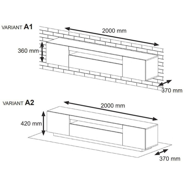  Szafka RTV wisząca AURA 200 w kolorze grafit mat, grafit połysk, LED - wymiary